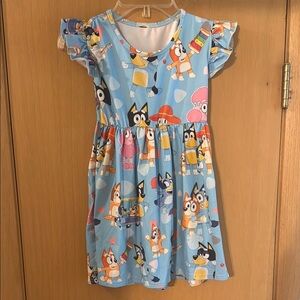 Bluey Kids Girls Cartoon Ruffle Sleeve Printed Dress Blue Size 7-8 (130)
